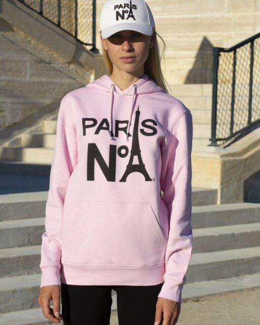 SWEAT À CAPUCHE ROSE IMPRIMÉ FACE LOGO PARIS N°1 NOIR