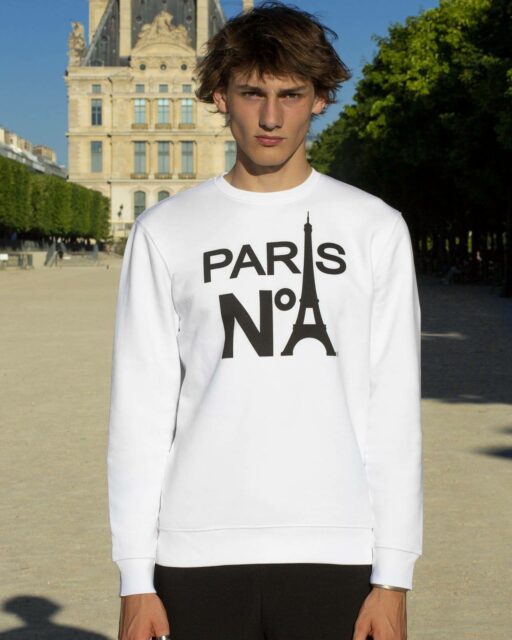 WHITE ROUND NECK SWEATSHIRT PRINTED FACE LOGO PARIS N°1 BLACK