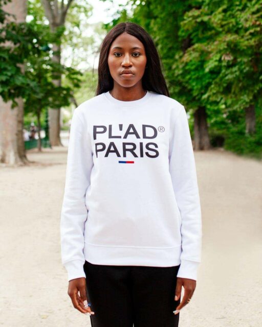 WHITE ROUND NECK SWEATSHIRT PRINTED FACE PL'AD PARIS LOGOTYPE BLACK