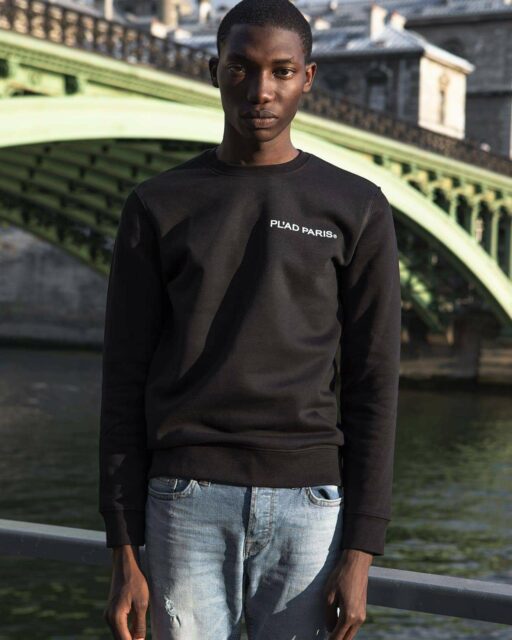 BLACK ROUND NECK SWEATSHIRT PRINTED HS LOGO PL'AD PARIS SIGN WHITE