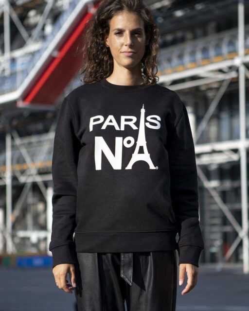 BLACK ROUND NECK SWEATSHIRT PRINTED FACE LOGO PARIS N°1 WHITE