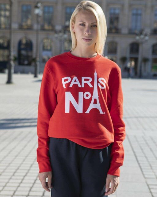 SWEAT COL ROND ROUGE IMPRIMÉ FACE LOGO PARIS N°1 BLANC