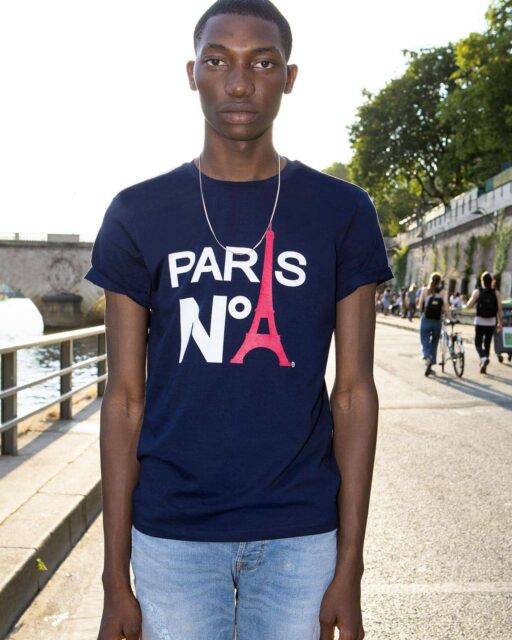 NAVY T-SHIRT ROUND NECK PRINTED FACE LOGO PARIS N°1 BICOLOUR
